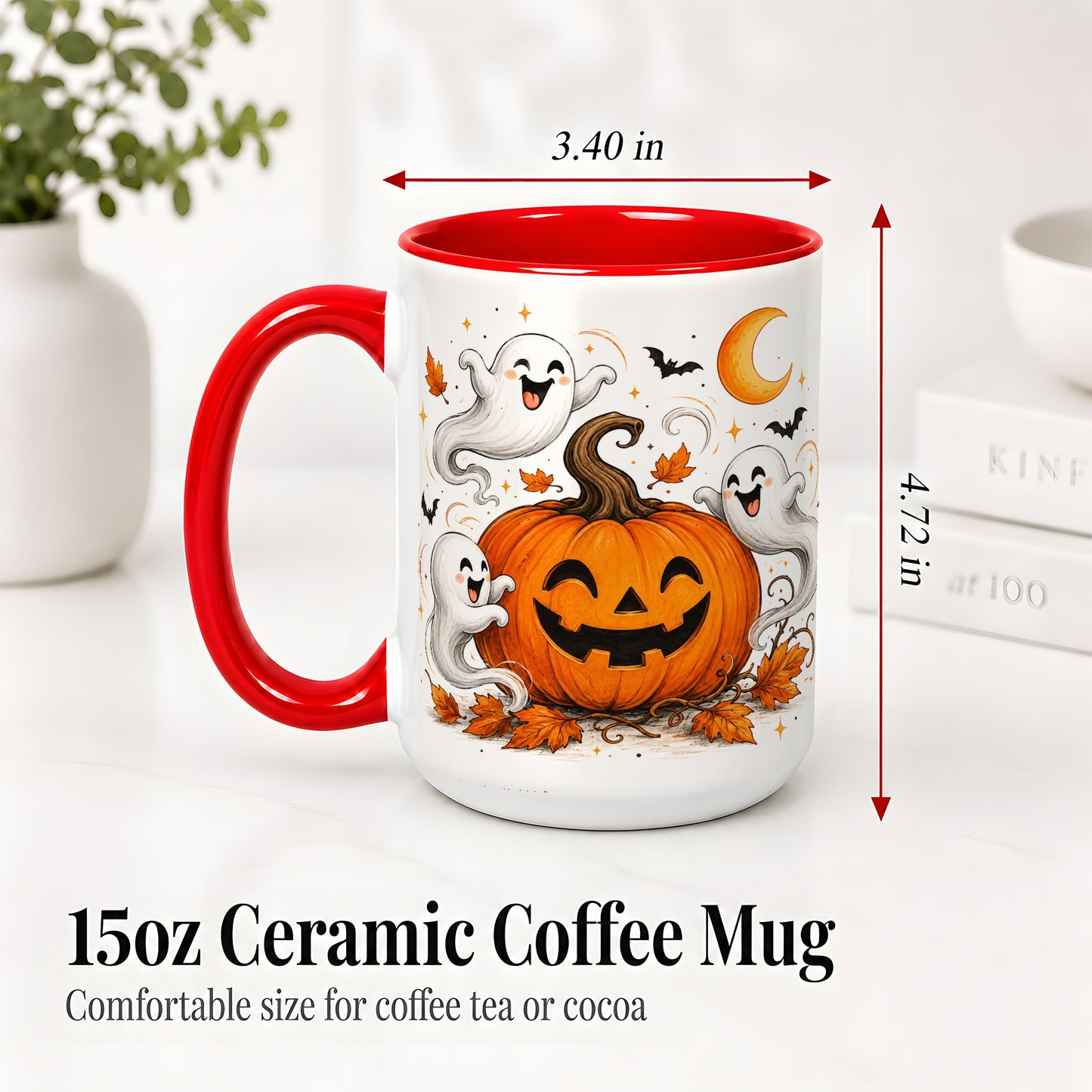 #pl[15oz|Red] Cute Pumpkin Ghost Ceramic Mug, Halloween Art for Autumn Fans