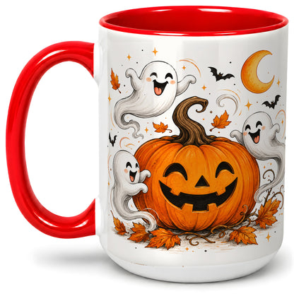#pl[15oz|Red] Cute Pumpkin Ghost Ceramic Mug, Halloween Art for Autumn Fans