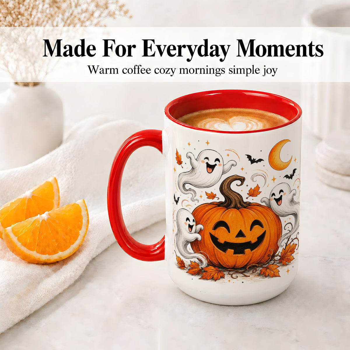 #pl[15oz|Red] Cute Pumpkin Ghost Ceramic Mug, Halloween Art for Autumn Fans