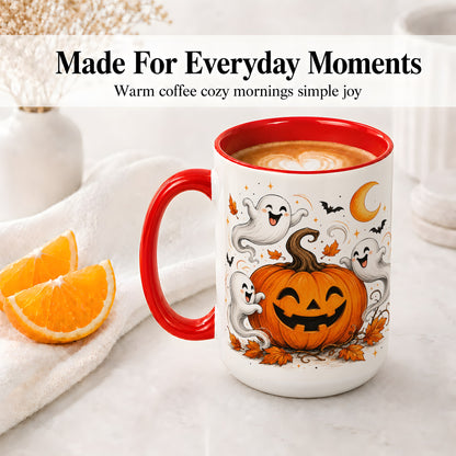 #pl[15oz|Red] Cute Pumpkin Ghost Ceramic Mug, Halloween Art for Autumn Fans