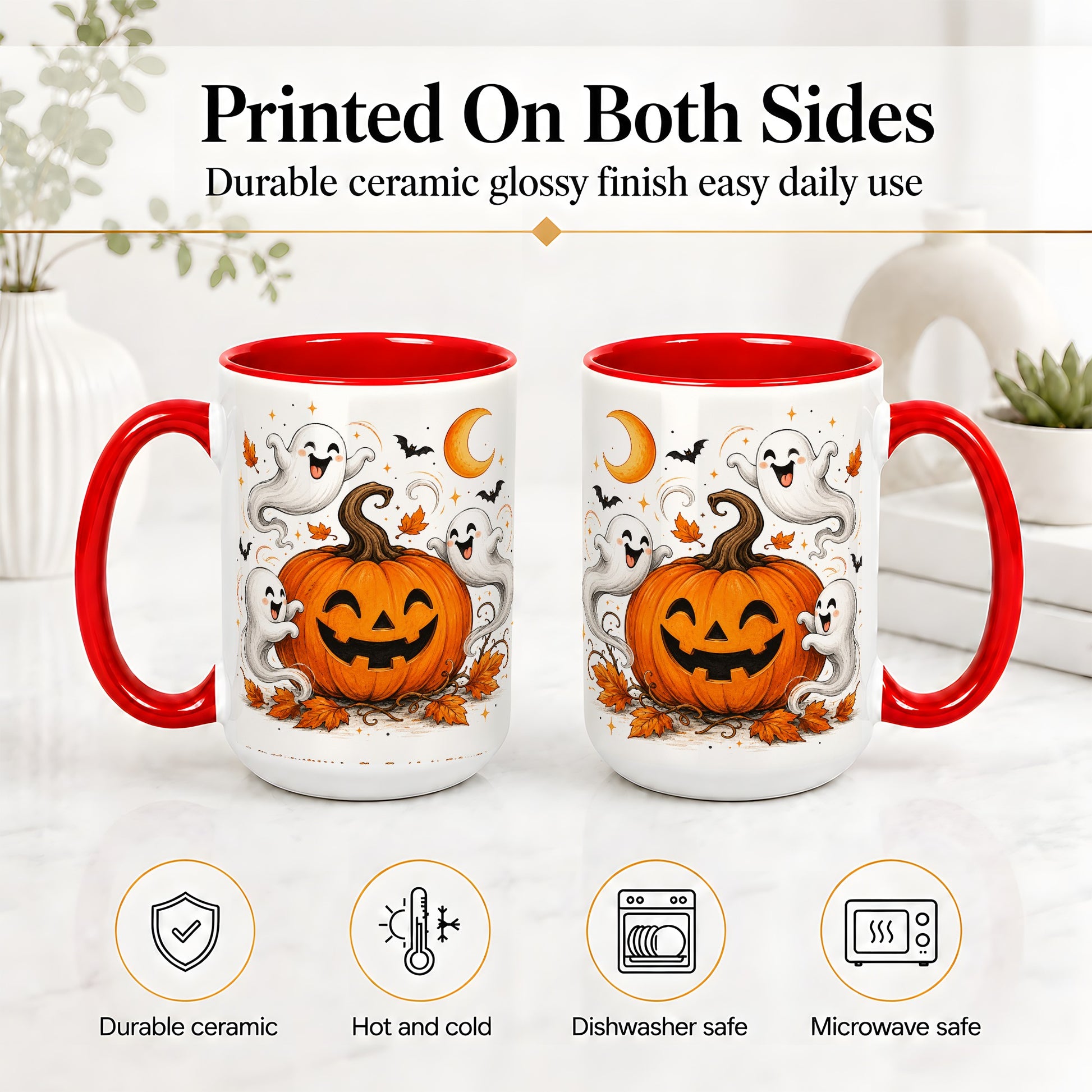 #pl[15oz|Red] Cute Pumpkin Ghost Ceramic Mug, Halloween Art for Autumn Fans