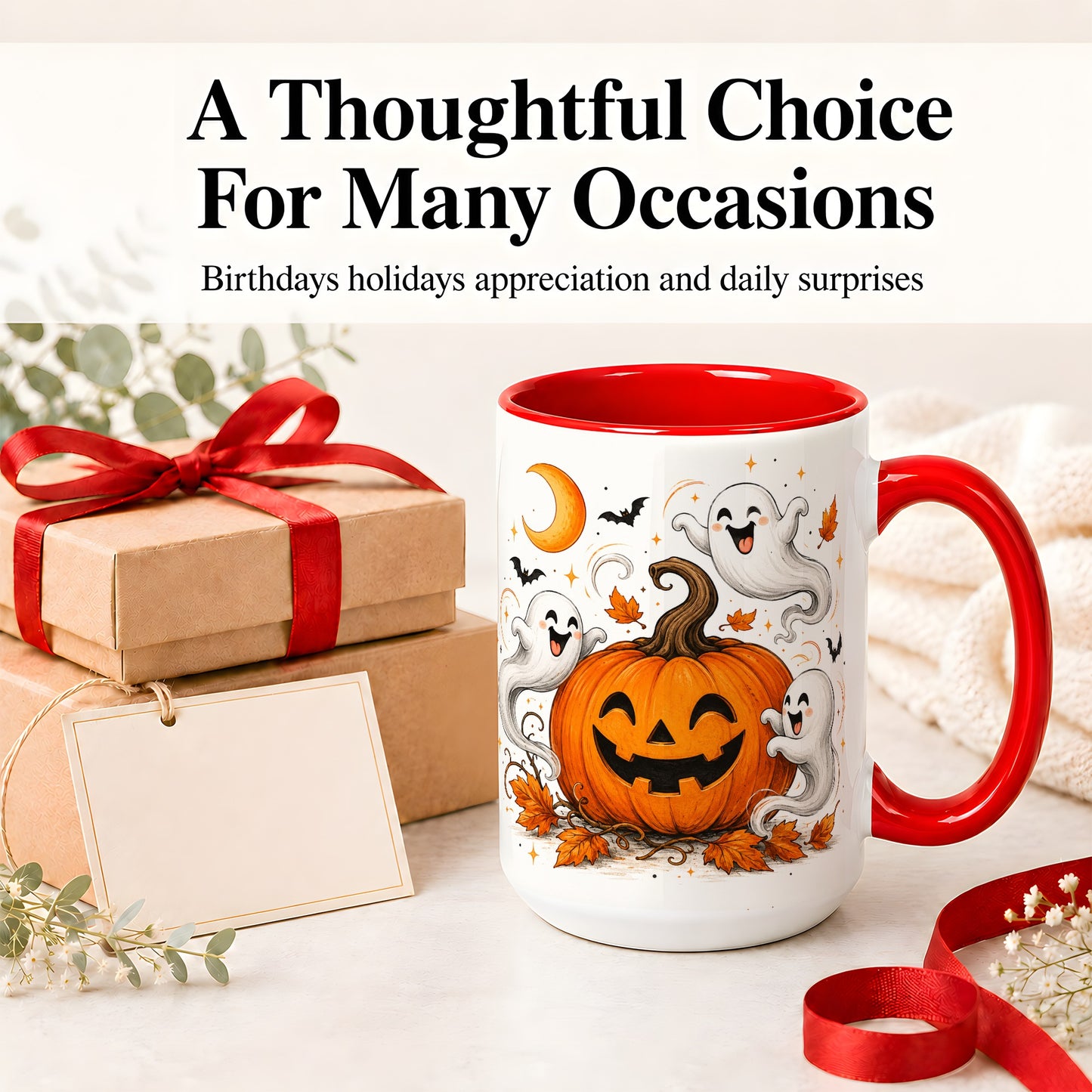 #pl[15oz|Red] Cute Pumpkin Ghost Ceramic Mug, Halloween Art for Autumn Fans