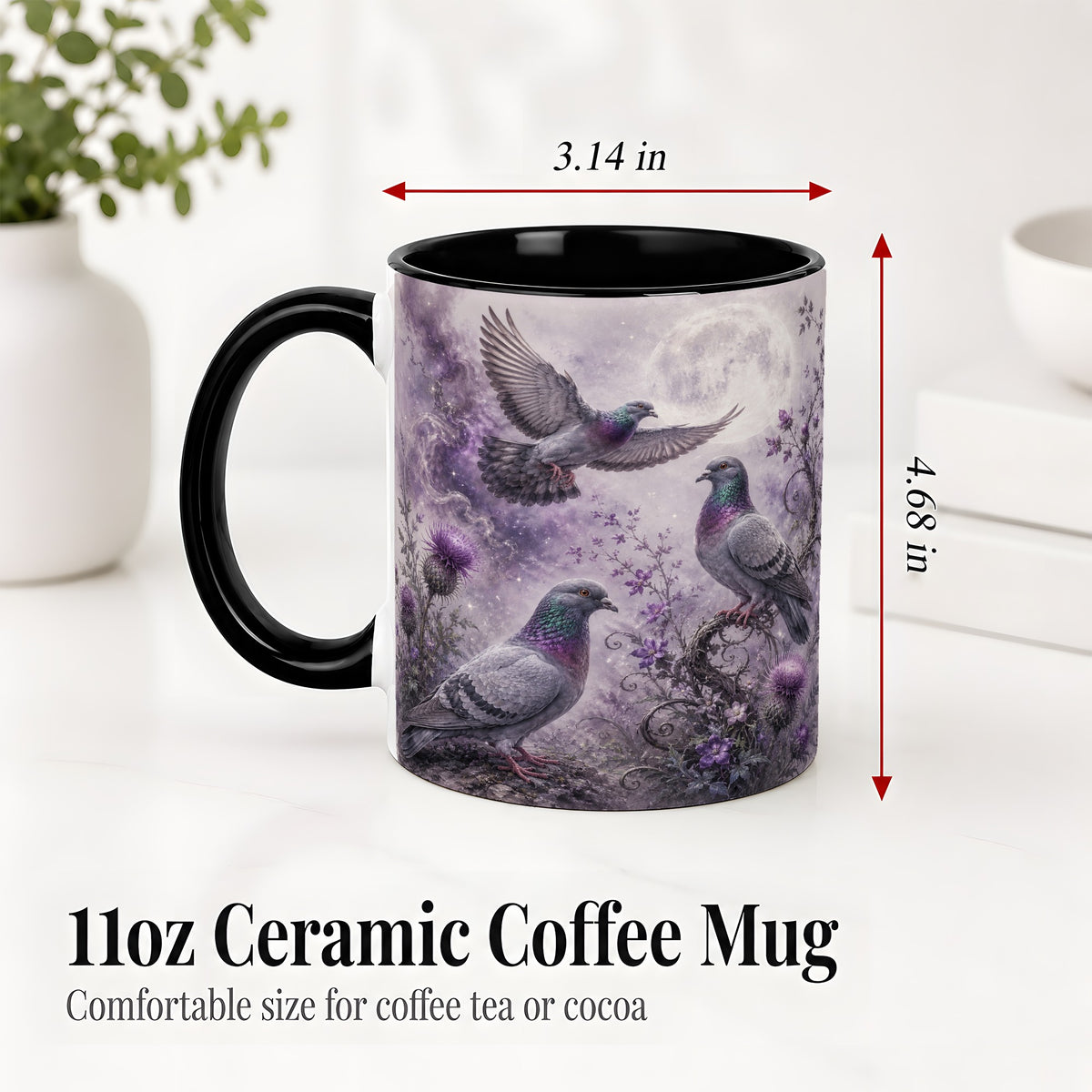 #pl[11oz|Black] Purple Pigeon Ceramic Mug, Moonlit Floral Bird Art for Bird Fans