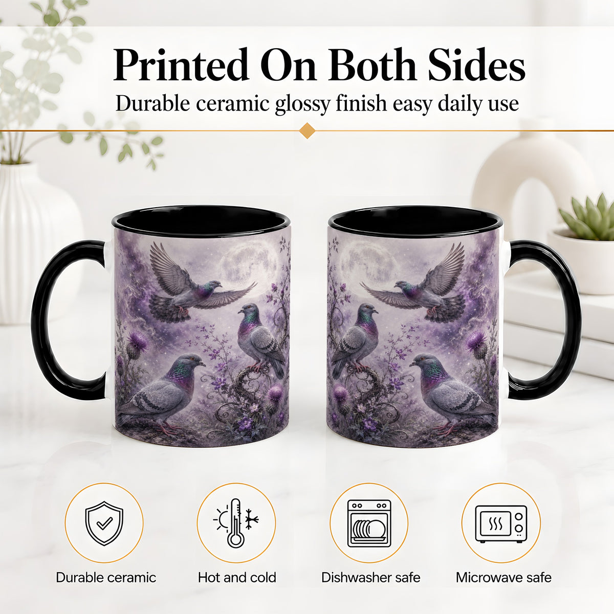 #pl[11oz|Black] Purple Pigeon Ceramic Mug, Moonlit Floral Bird Art for Bird Fans