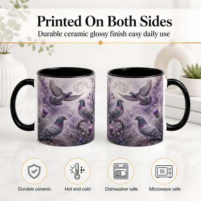 #pl[11oz|Black] Purple Pigeon Ceramic Mug, Moonlit Floral Bird Art for Bird Fans