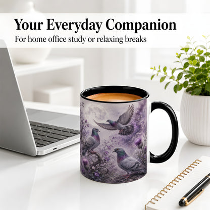 #pl[11oz|Black] Purple Pigeon Ceramic Mug, Moonlit Floral Bird Art for Bird Fans