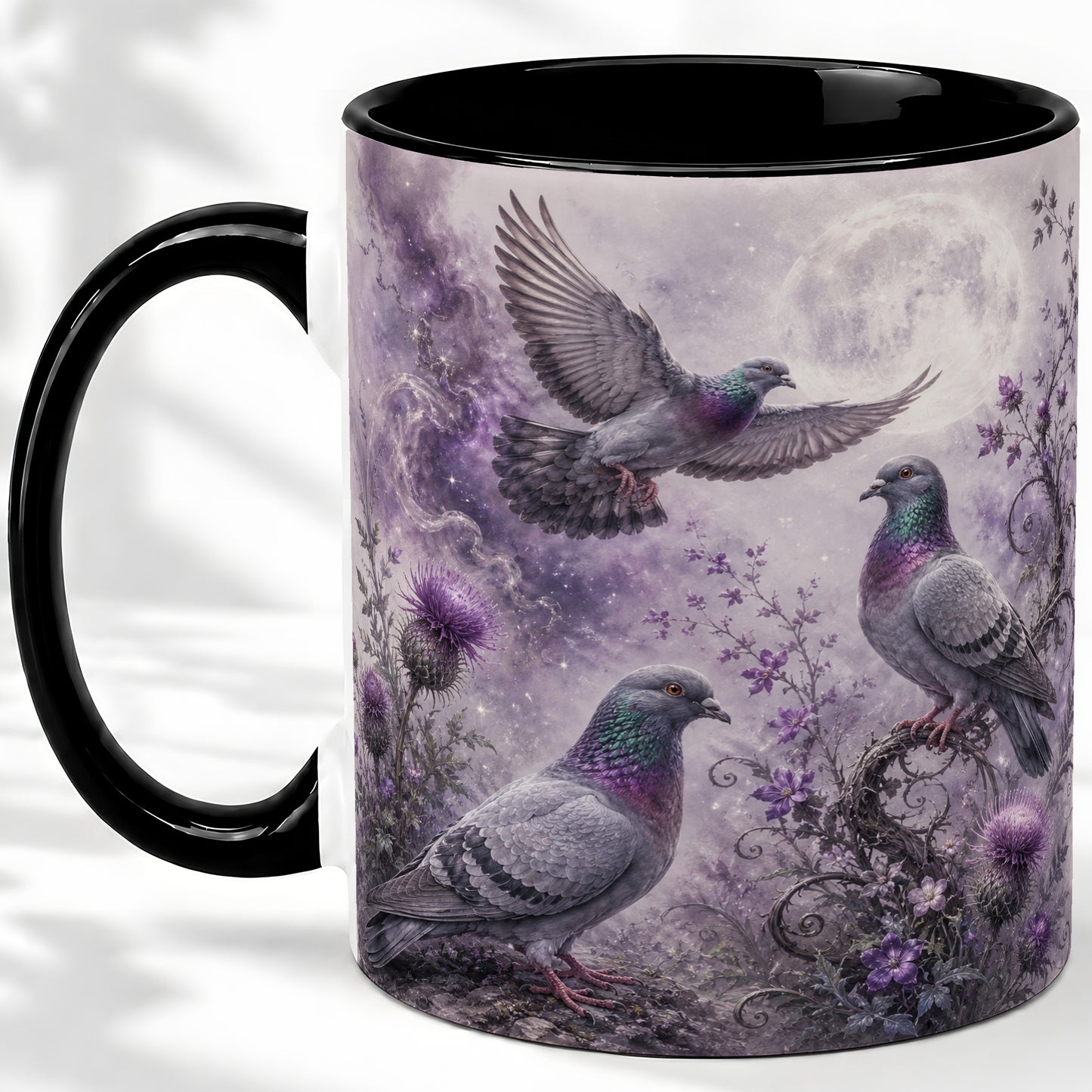 #pl[11oz|Black] Purple Pigeon Ceramic Mug, Moonlit Floral Bird Art for Bird Fans