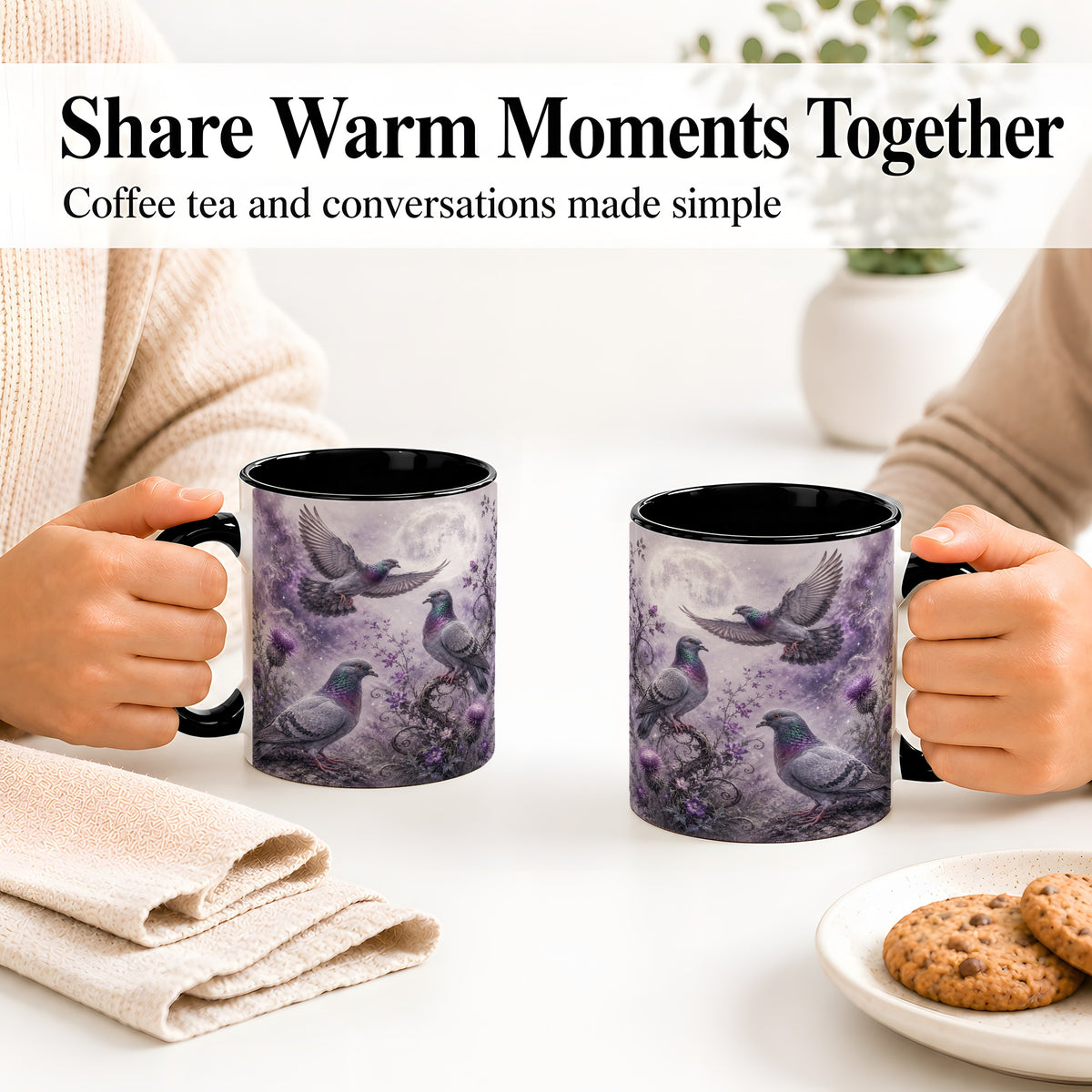 #pl[11oz|Black] Purple Pigeon Ceramic Mug, Moonlit Floral Bird Art for Bird Fans