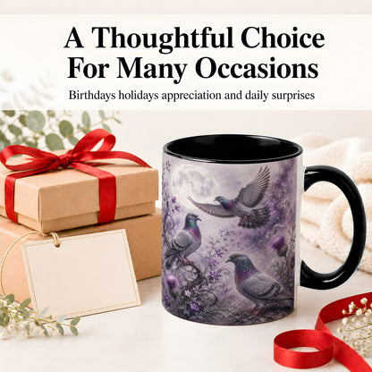 #pl[11oz|Black] Purple Pigeon Ceramic Mug, Moonlit Floral Bird Art for Bird Fans