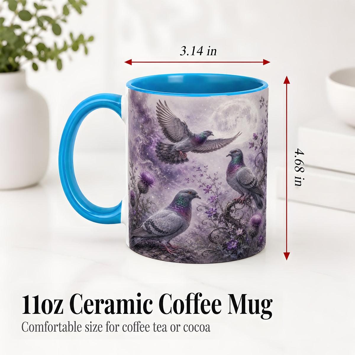 #pl[11oz|Blue] Purple Pigeon Ceramic Mug, Moonlit Floral Bird Art for Bird Fans