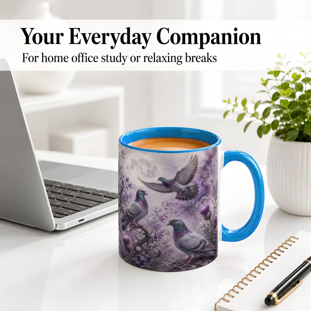 #pl[11oz|Blue] Purple Pigeon Ceramic Mug, Moonlit Floral Bird Art for Bird Fans