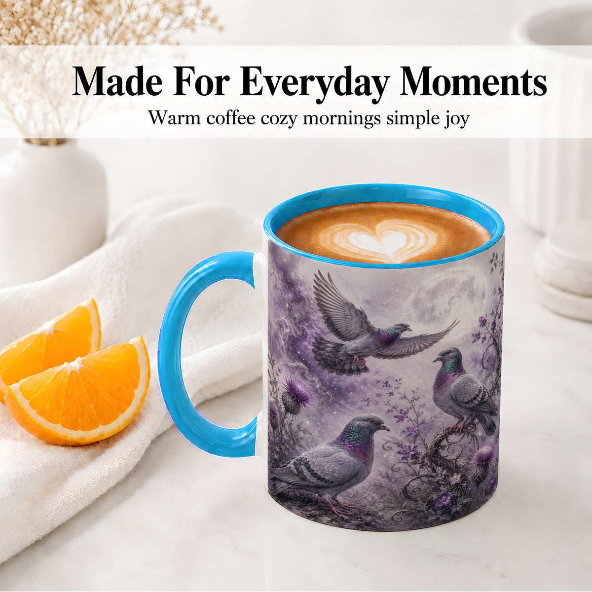 #pl[11oz|Blue] Purple Pigeon Ceramic Mug, Moonlit Floral Bird Art for Bird Fans