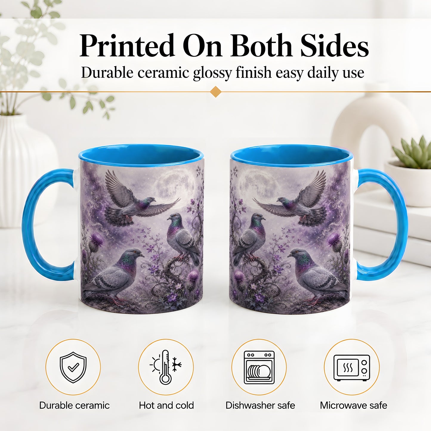 #pl[11oz|Blue] Purple Pigeon Ceramic Mug, Moonlit Floral Bird Art for Bird Fans