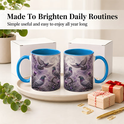 #pl[11oz|Blue] Purple Pigeon Ceramic Mug, Moonlit Floral Bird Art for Bird Fans