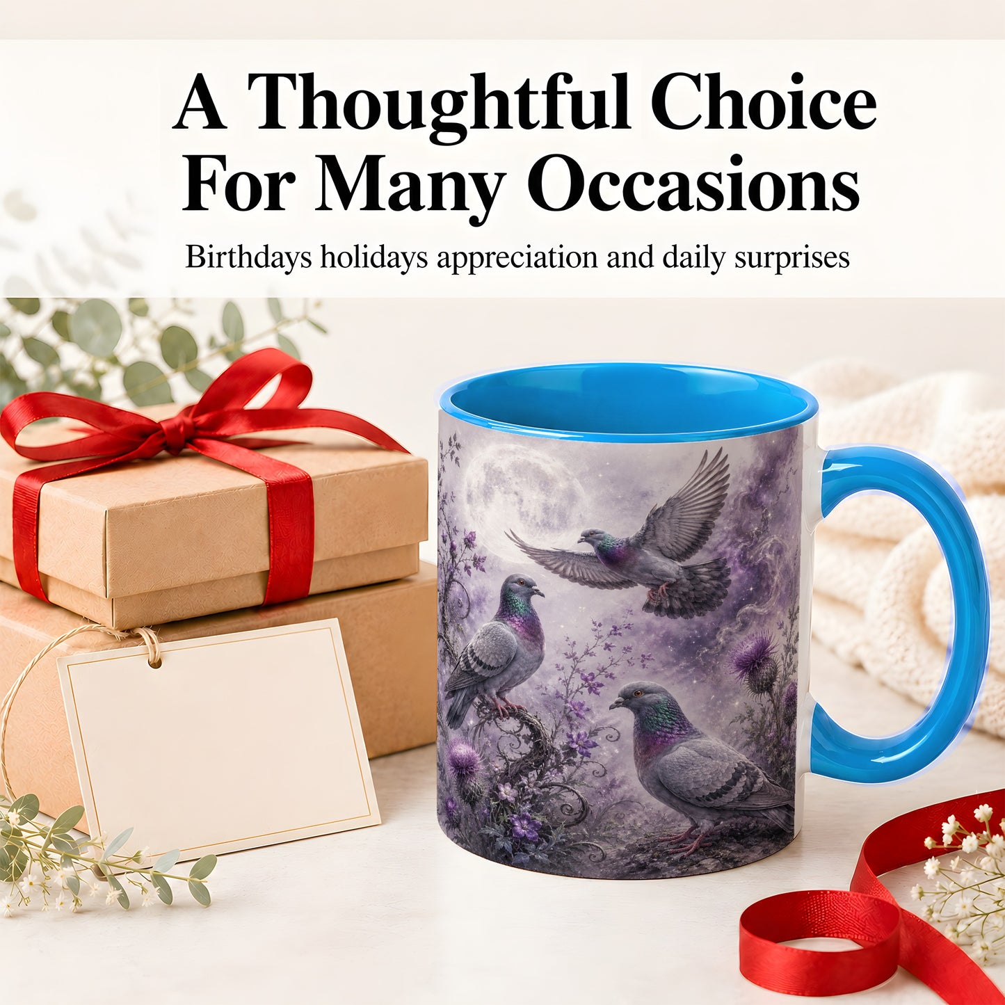 #pl[11oz|Blue] Purple Pigeon Ceramic Mug, Moonlit Floral Bird Art for Bird Fans