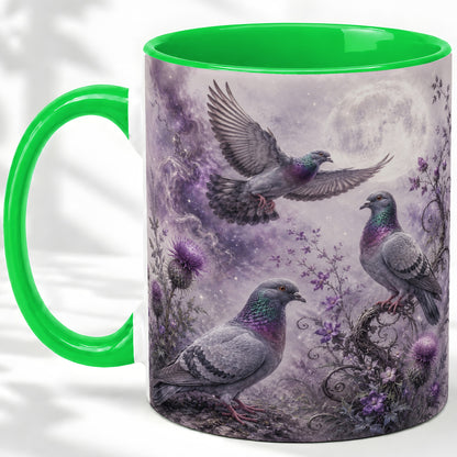 #pl[11oz|Green] Purple Pigeon Ceramic Mug, Moonlit Floral Bird Art for Bird Fans