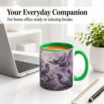 #pl[11oz|Green] Purple Pigeon Ceramic Mug, Moonlit Floral Bird Art for Bird Fans