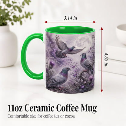 #pl[11oz|Green] Purple Pigeon Ceramic Mug, Moonlit Floral Bird Art for Bird Fans