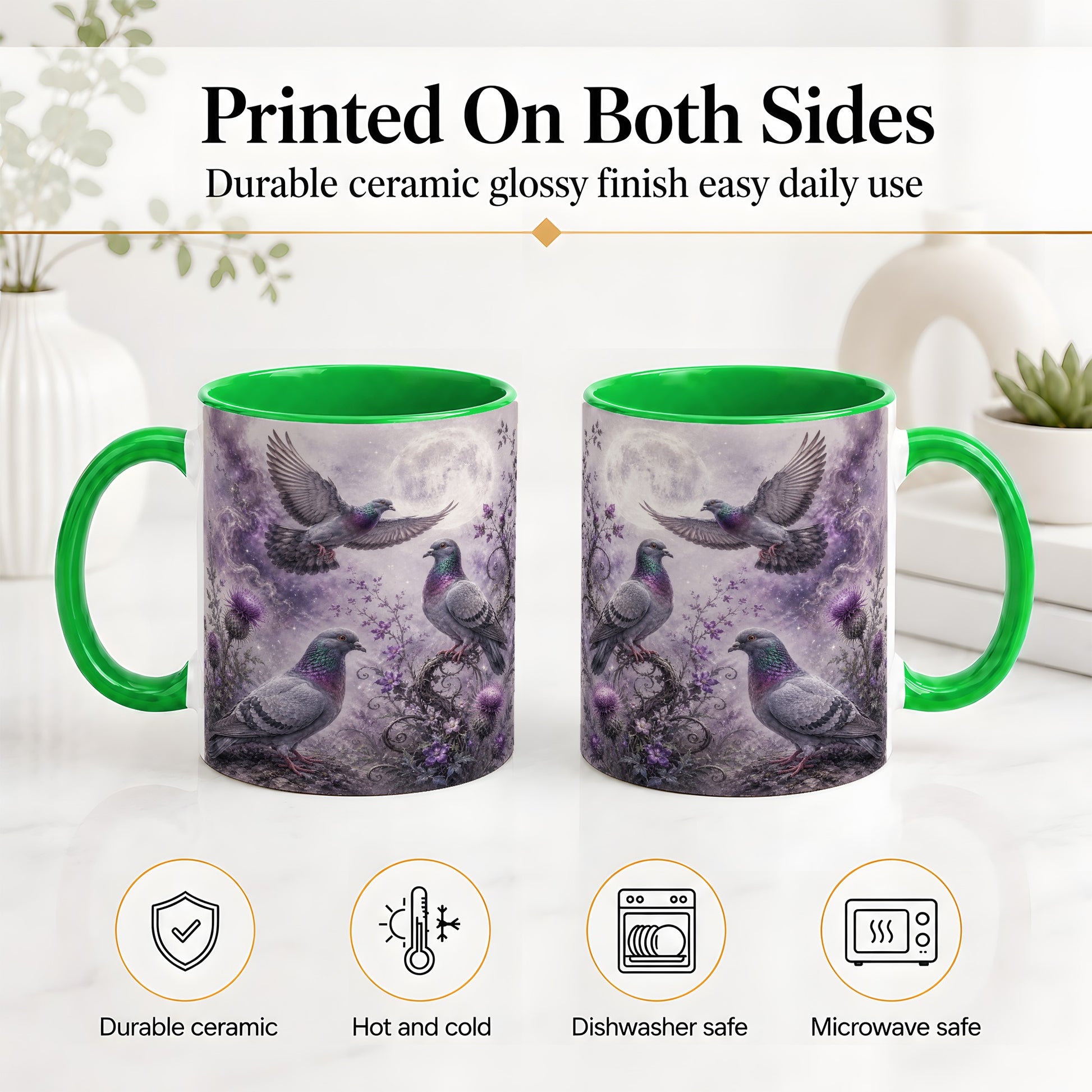 #pl[11oz|Green] Purple Pigeon Ceramic Mug, Moonlit Floral Bird Art for Bird Fans