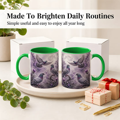 #pl[11oz|Green] Purple Pigeon Ceramic Mug, Moonlit Floral Bird Art for Bird Fans