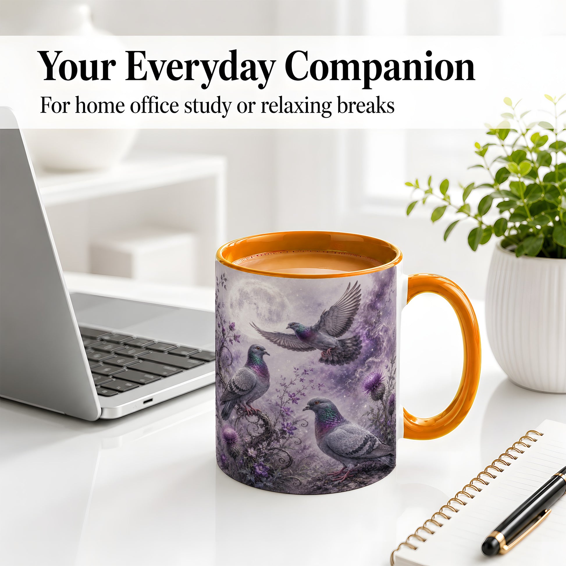#pl[11oz|Orange] Purple Pigeon Ceramic Mug, Moonlit Floral Bird Art for Bird Fans