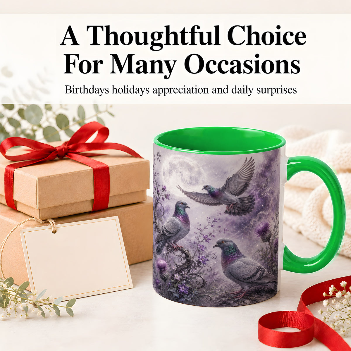 #pl[11oz|Green] Purple Pigeon Ceramic Mug, Moonlit Floral Bird Art for Bird Fans