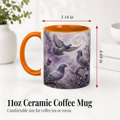 #pl[11oz|Orange] Purple Pigeon Ceramic Mug, Moonlit Floral Bird Art for Bird Fans