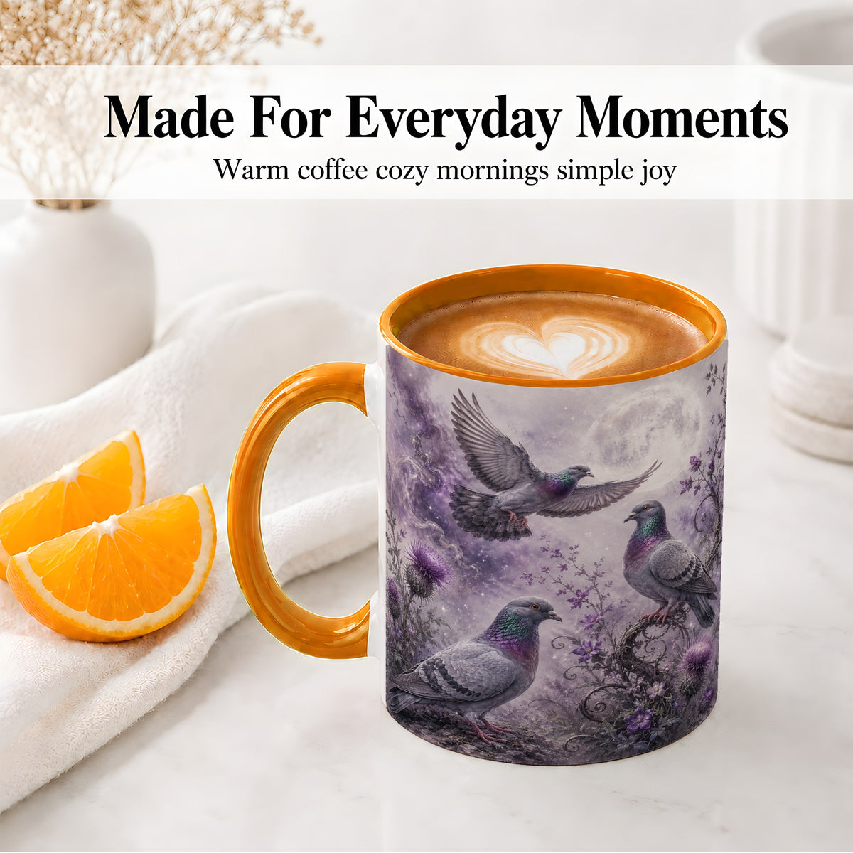 #pl[11oz|Orange] Purple Pigeon Ceramic Mug, Moonlit Floral Bird Art for Bird Fans