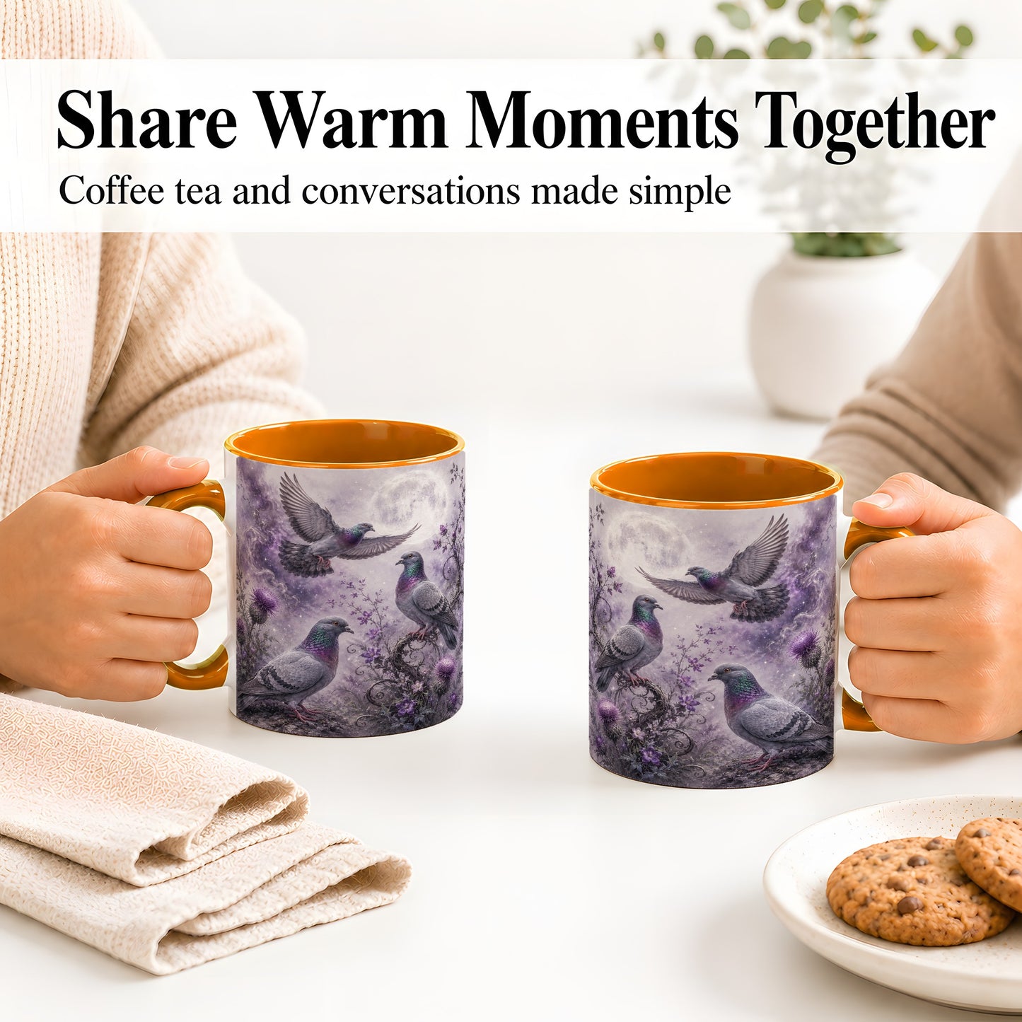 #pl[11oz|Orange] Purple Pigeon Ceramic Mug, Moonlit Floral Bird Art for Bird Fans
