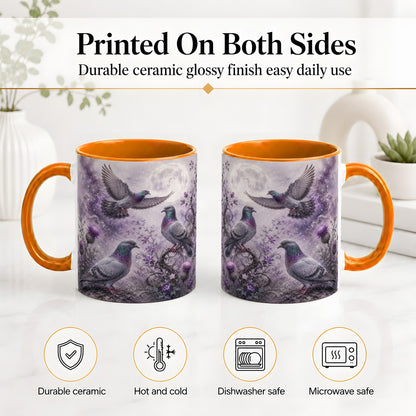 #pl[11oz|Orange] Purple Pigeon Ceramic Mug, Moonlit Floral Bird Art for Bird Fans