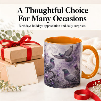 #pl[11oz|Orange] Purple Pigeon Ceramic Mug, Moonlit Floral Bird Art for Bird Fans
