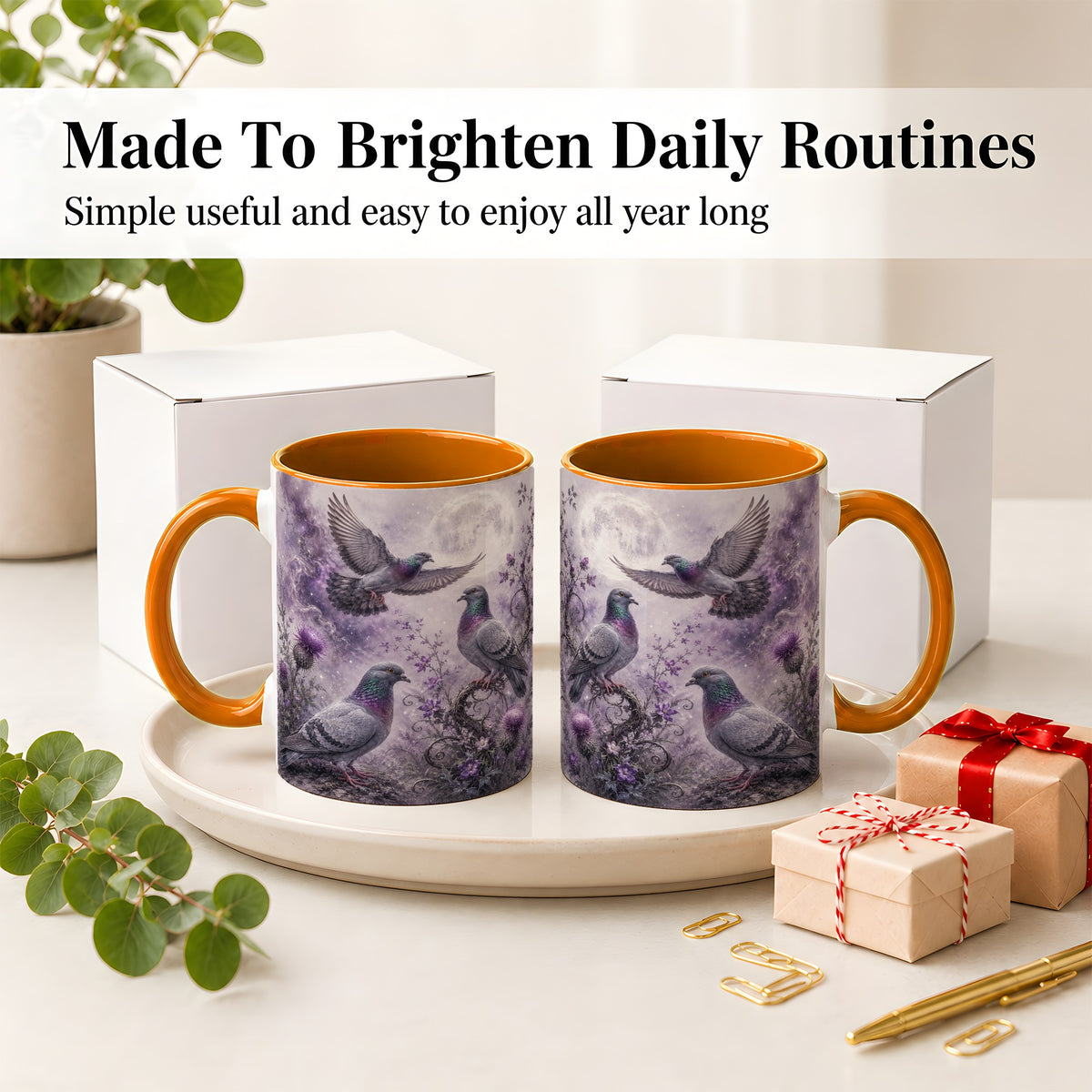 #pl[11oz|Orange] Purple Pigeon Ceramic Mug, Moonlit Floral Bird Art for Bird Fans