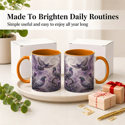 #pl[11oz|Orange] Purple Pigeon Ceramic Mug, Moonlit Floral Bird Art for Bird Fans