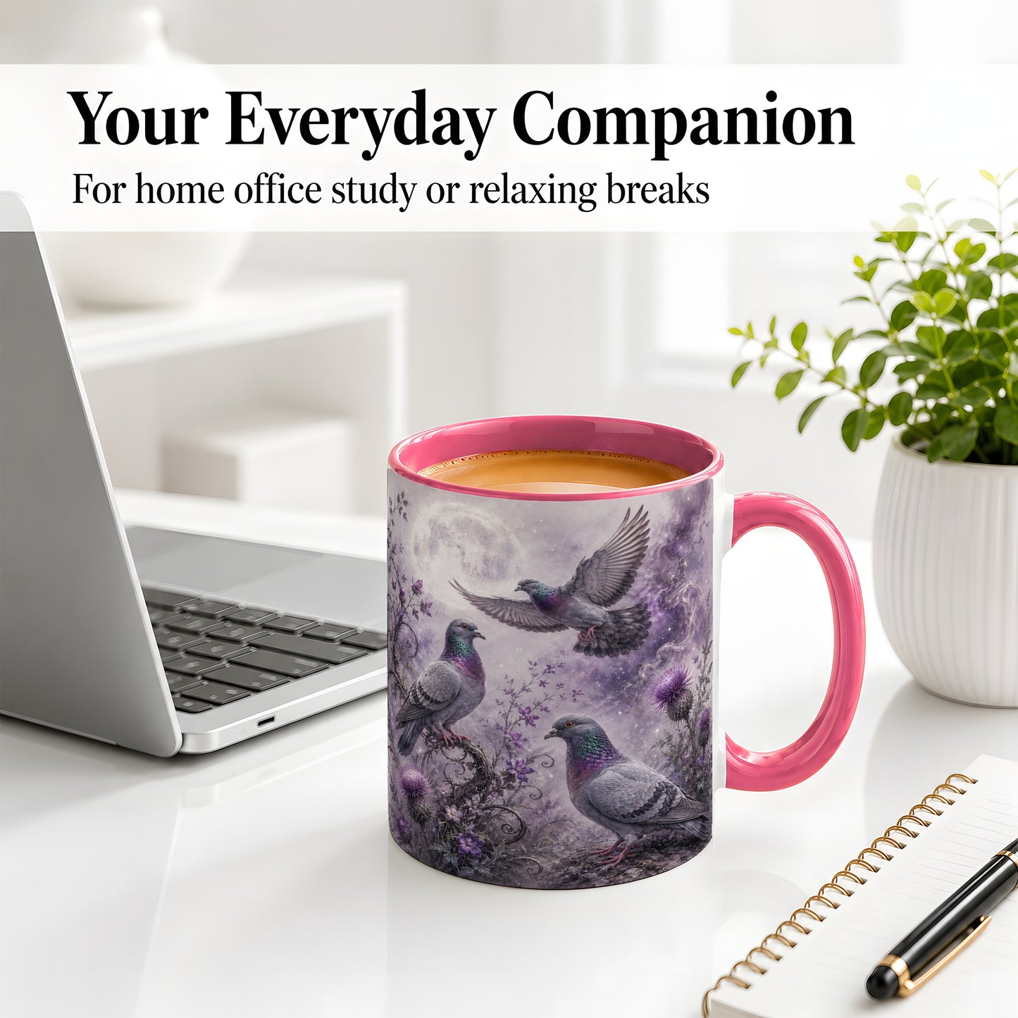 #pl[11oz|Pink] Purple Pigeon Ceramic Mug, Moonlit Floral Bird Art for Bird Fans