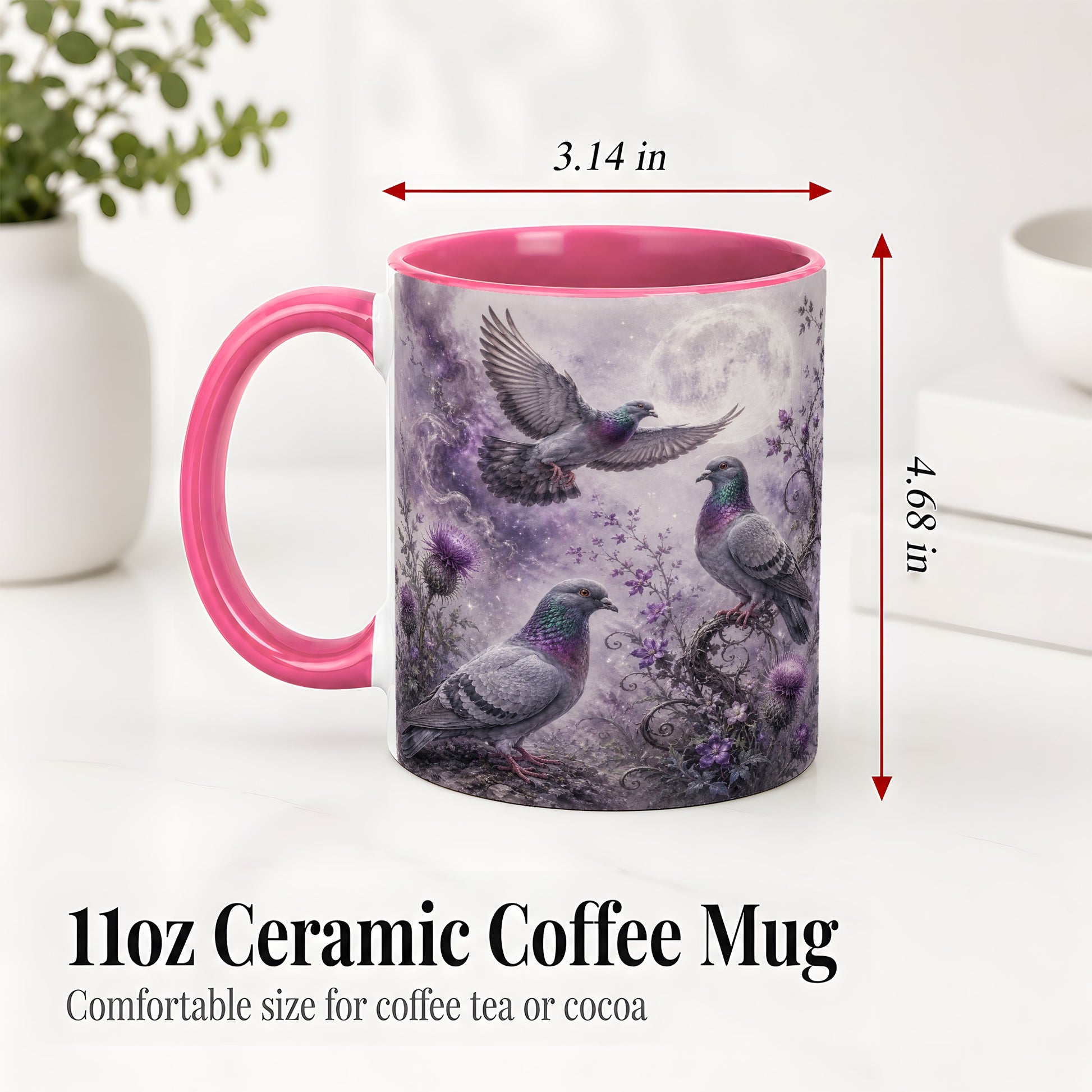 #pl[11oz|Pink] Purple Pigeon Ceramic Mug, Moonlit Floral Bird Art for Bird Fans