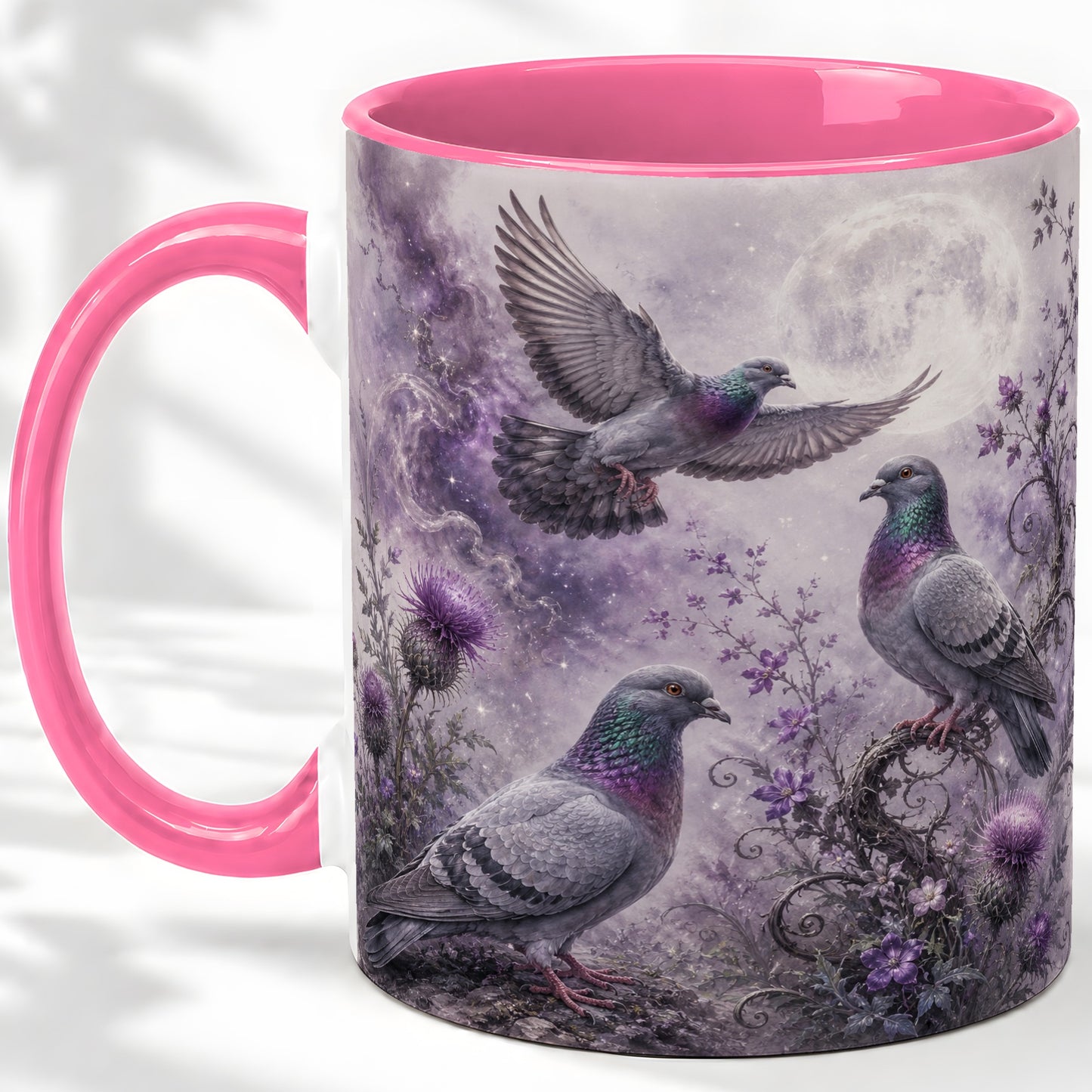 #pl[11oz|Pink] Purple Pigeon Ceramic Mug, Moonlit Floral Bird Art for Bird Fans