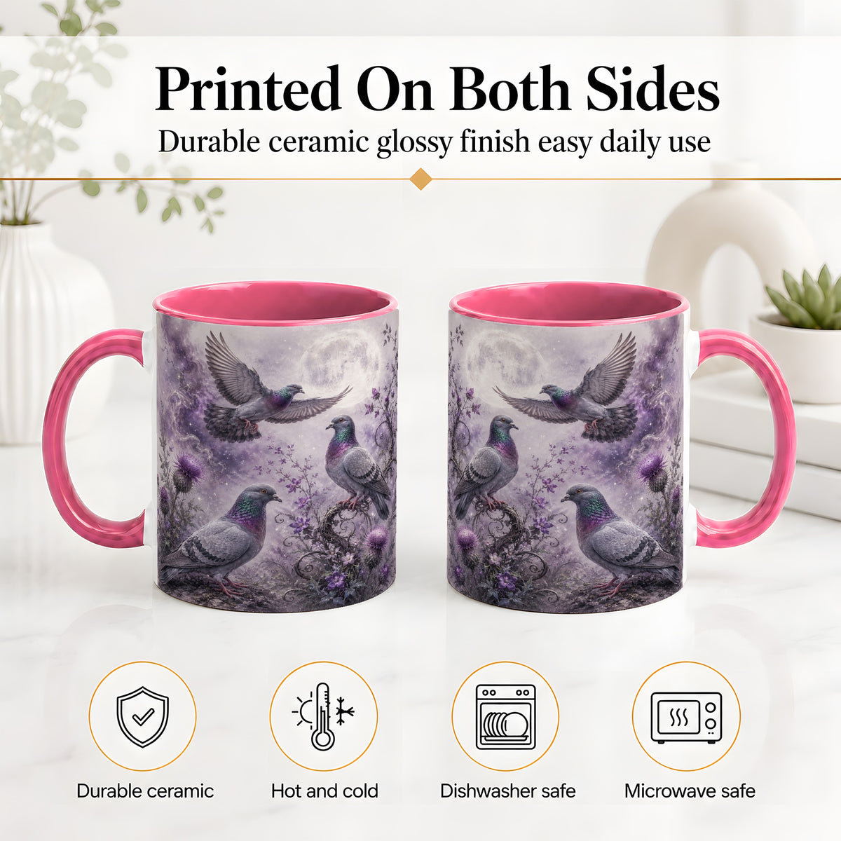 #pl[11oz|Pink] Purple Pigeon Ceramic Mug, Moonlit Floral Bird Art for Bird Fans