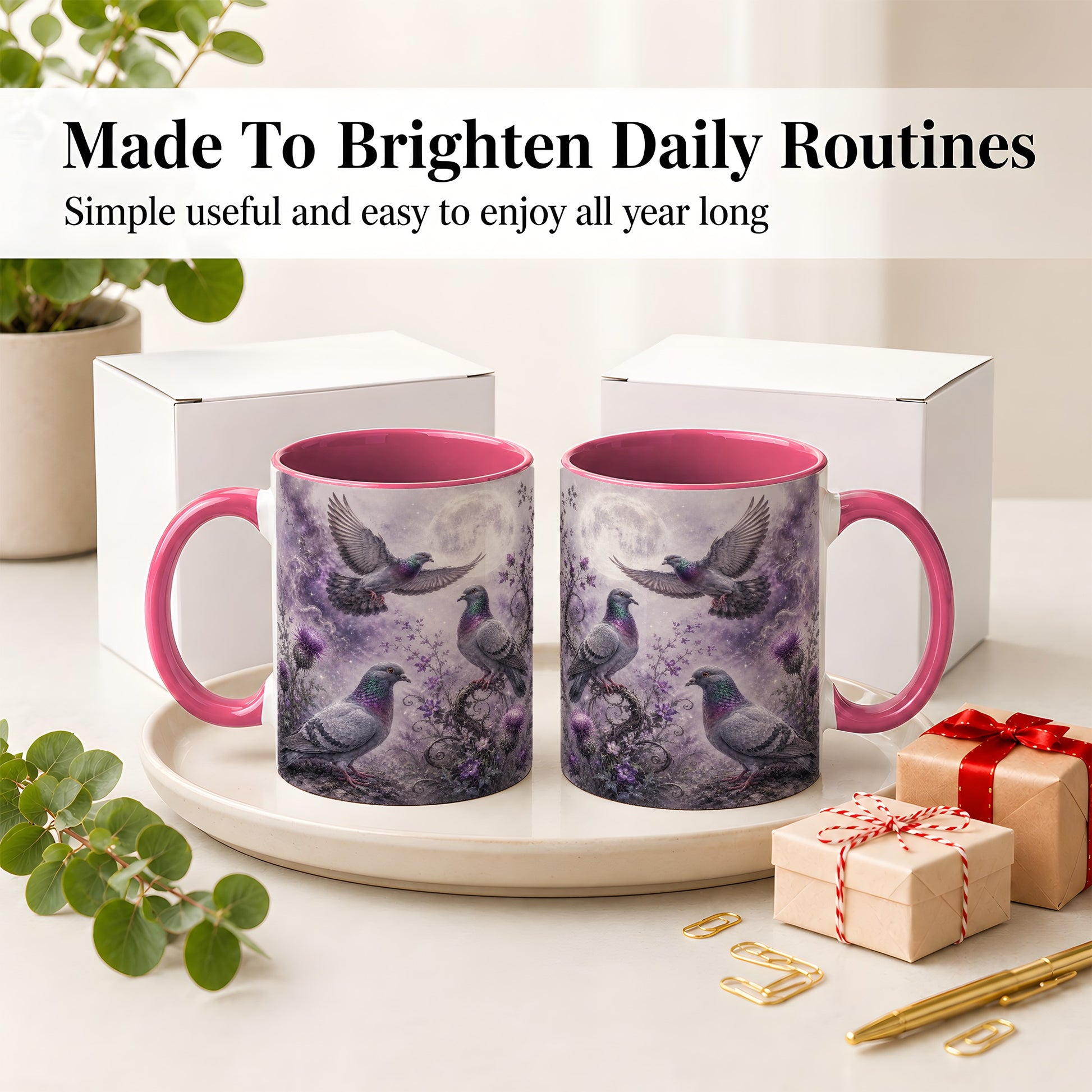 #pl[11oz|Pink] Purple Pigeon Ceramic Mug, Moonlit Floral Bird Art for Bird Fans