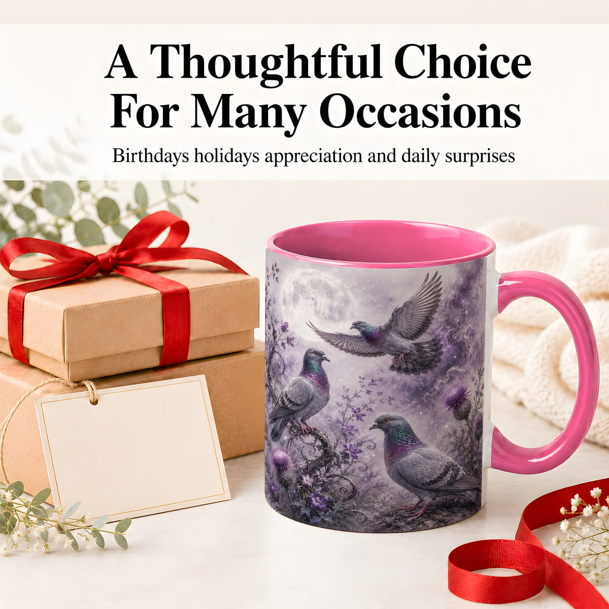 #pl[11oz|Pink] Purple Pigeon Ceramic Mug, Moonlit Floral Bird Art for Bird Fans