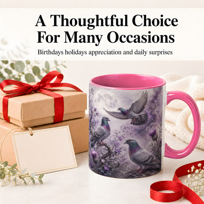 #pl[11oz|Pink] Purple Pigeon Ceramic Mug, Moonlit Floral Bird Art for Bird Fans