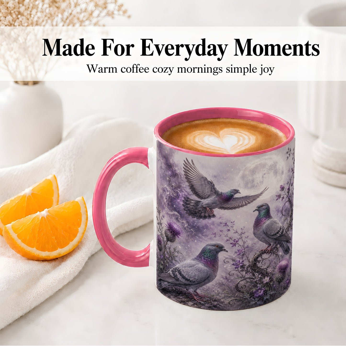 #pl[11oz|Pink] Purple Pigeon Ceramic Mug, Moonlit Floral Bird Art for Bird Fans