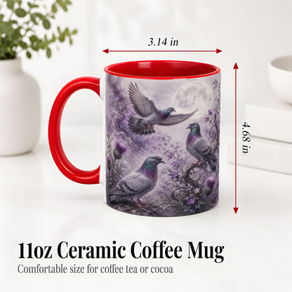 #pl[11oz|Red] Purple Pigeon Ceramic Mug, Moonlit Floral Bird Art for Bird Fans