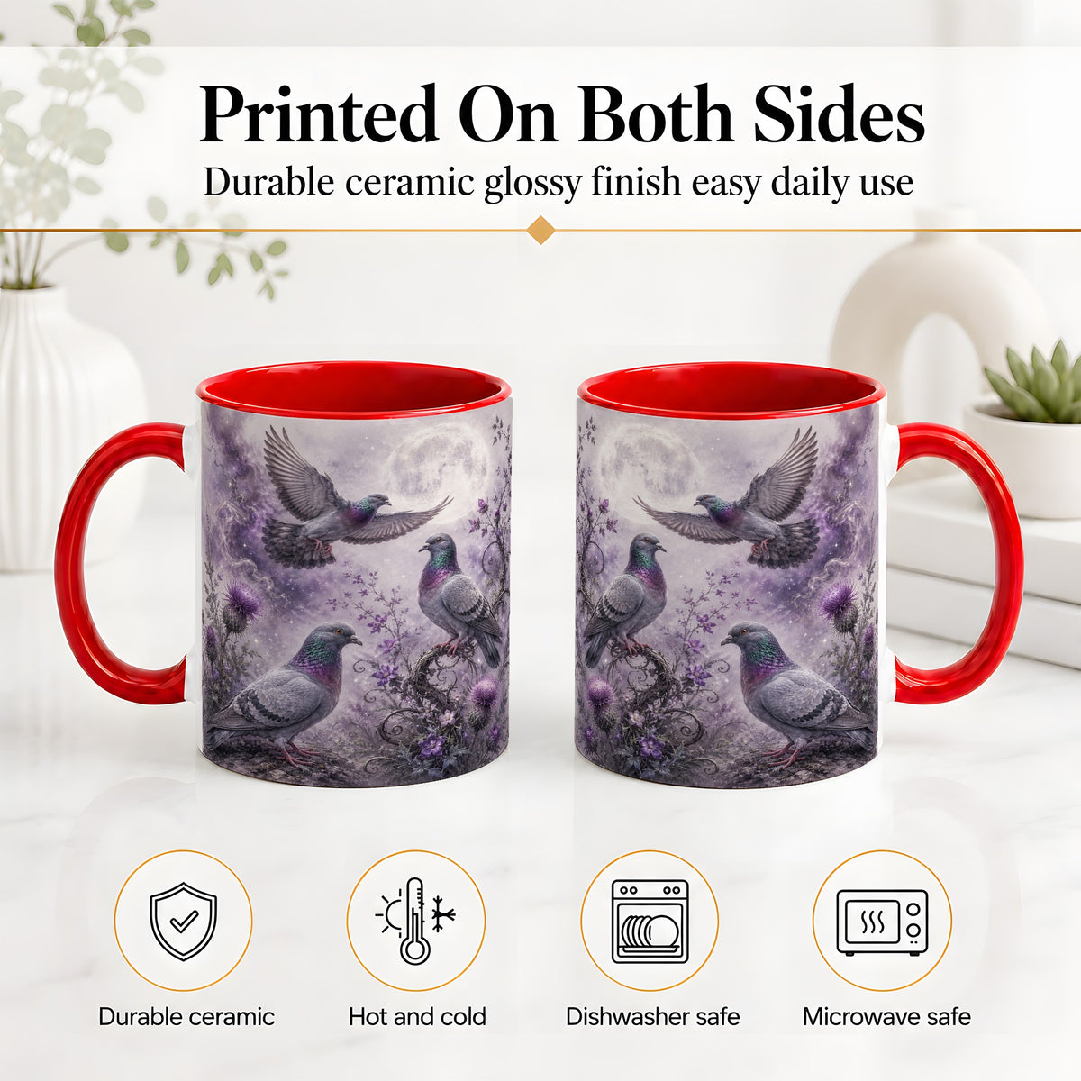 #pl[11oz|Red] Purple Pigeon Ceramic Mug, Moonlit Floral Bird Art for Bird Fans
