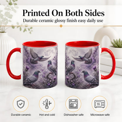 #pl[11oz|Red] Purple Pigeon Ceramic Mug, Moonlit Floral Bird Art for Bird Fans