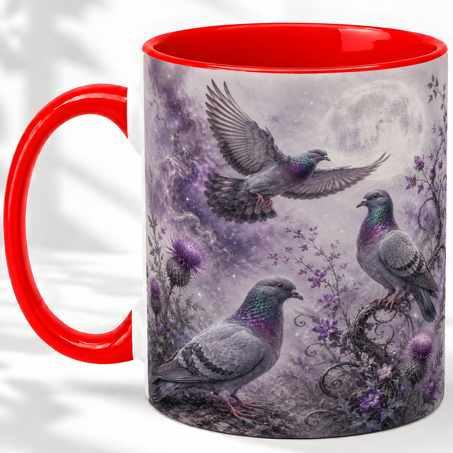 Purple Pigeon Ceramic Mug, Moonlit Floral Bird Art for Bird Fans
