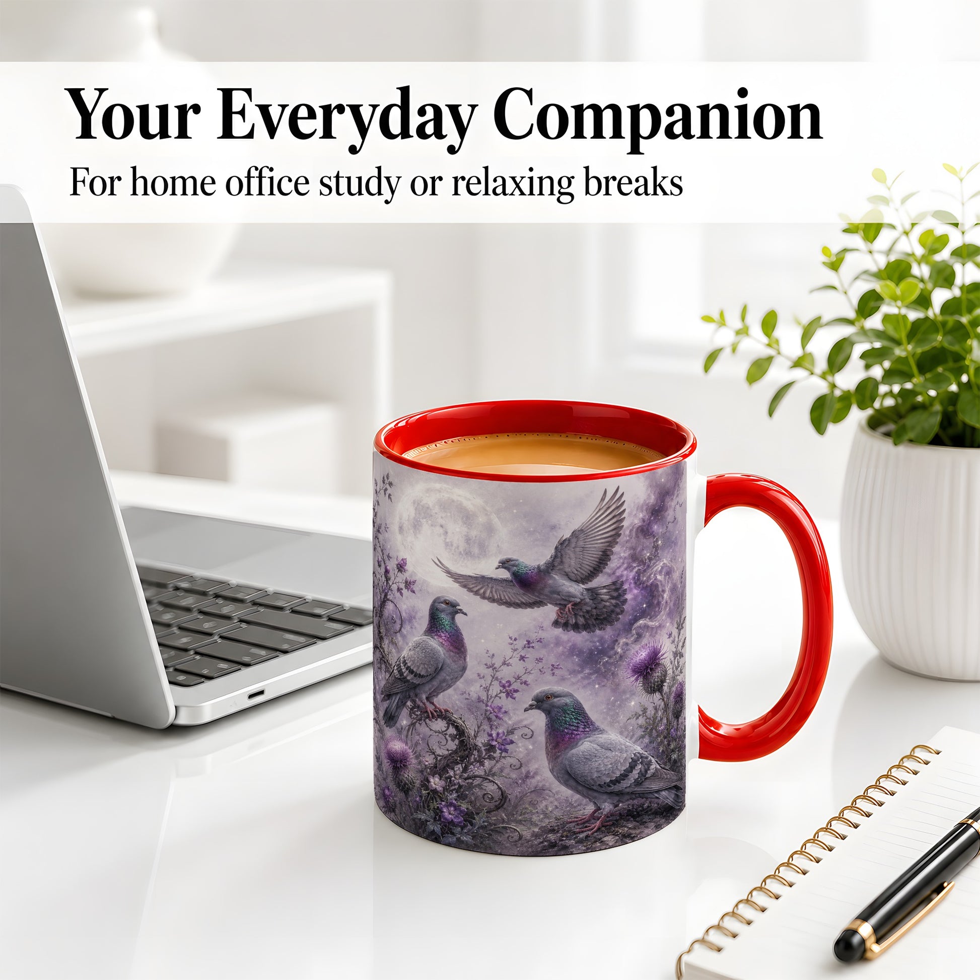#pl[11oz|Red] Purple Pigeon Ceramic Mug, Moonlit Floral Bird Art for Bird Fans