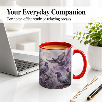 #pl[11oz|Red] Purple Pigeon Ceramic Mug, Moonlit Floral Bird Art for Bird Fans