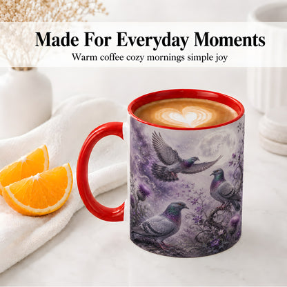 #pl[11oz|Red] Purple Pigeon Ceramic Mug, Moonlit Floral Bird Art for Bird Fans