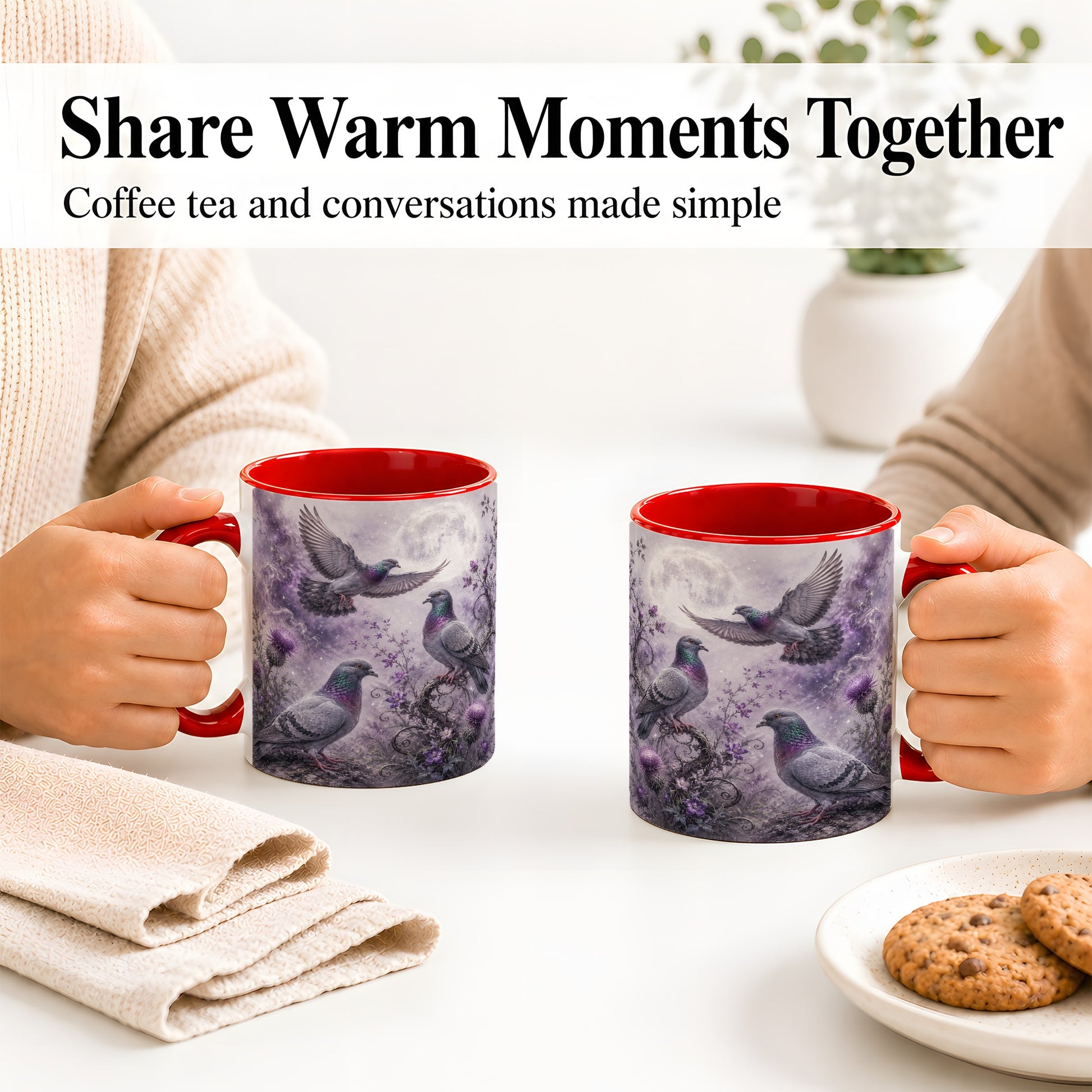 #pl[11oz|Red] Purple Pigeon Ceramic Mug, Moonlit Floral Bird Art for Bird Fans