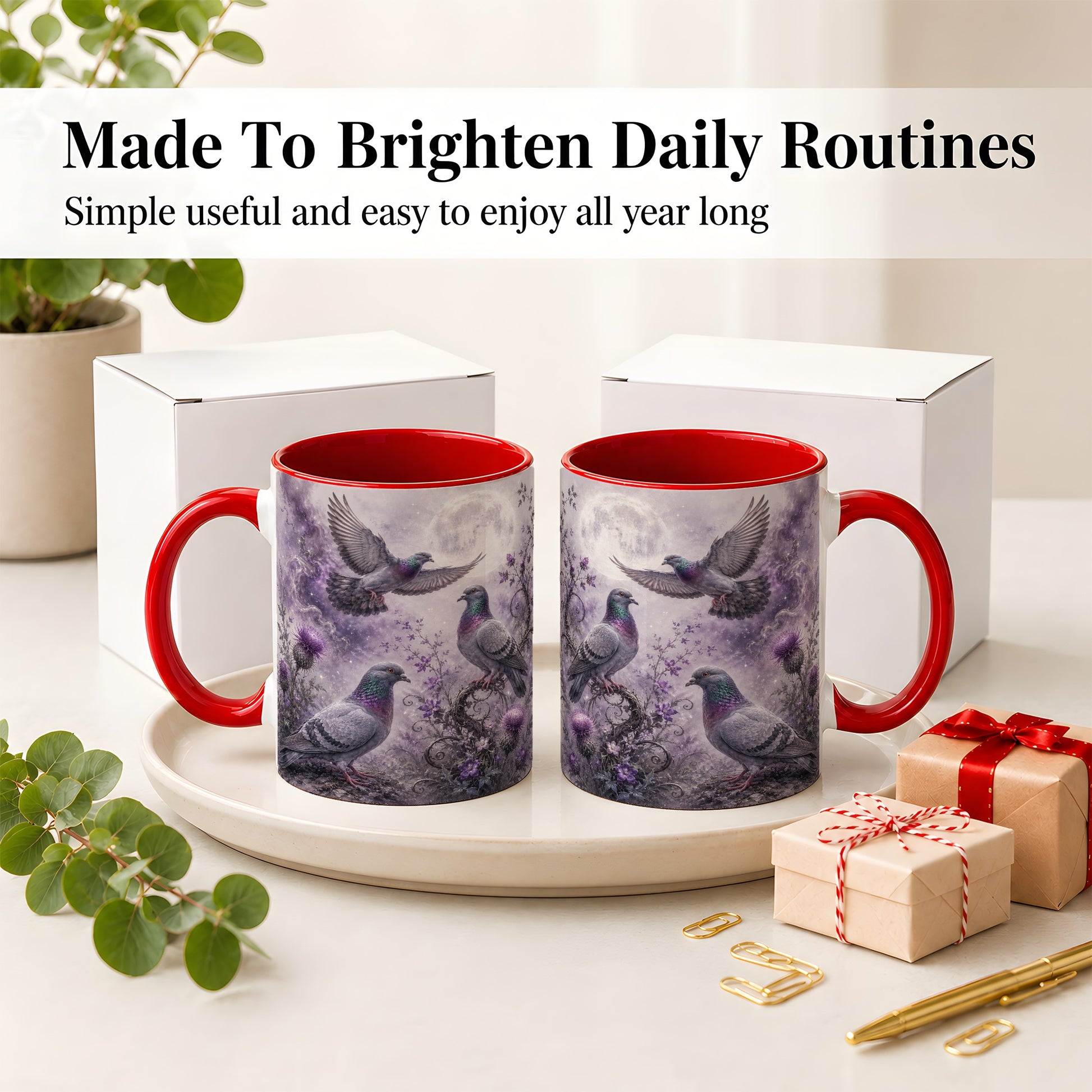#pl[11oz|Red] Purple Pigeon Ceramic Mug, Moonlit Floral Bird Art for Bird Fans